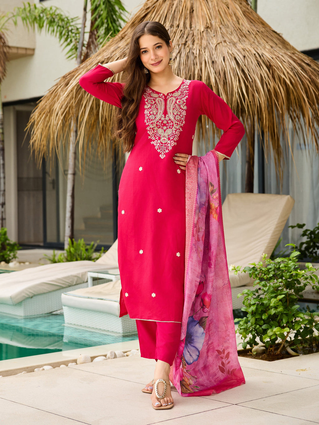 The52 Women's Gorgeous Viscose Embroidery work Straight Kurta with Pant and Dupatta Set - Distacart