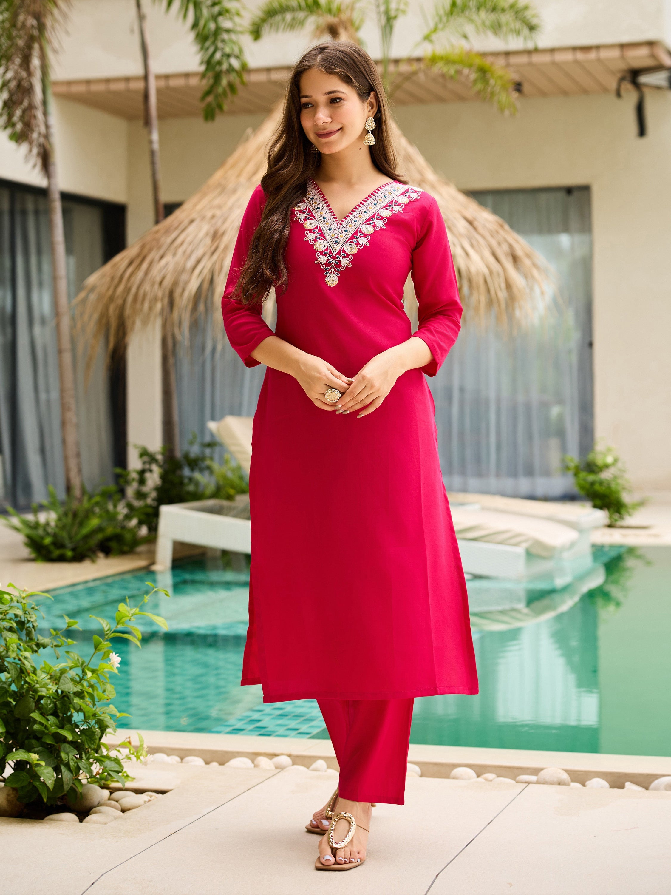 The52 Thread Work Rayon Fabric Straight Kurta, Pant and Dupatta Set - Distacart