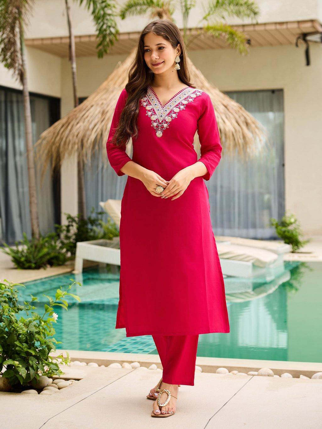 The52 Thread Work Rayon Fabric Straight Kurta, Pant and Dupatta Set - Distacart