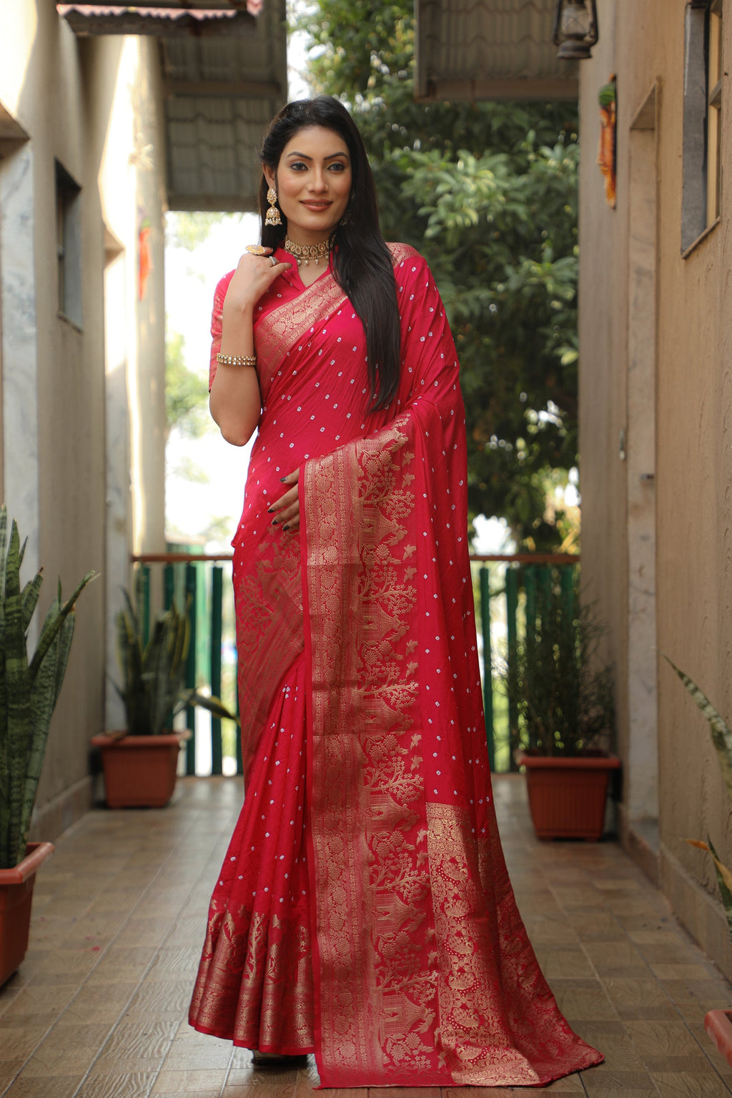 Lorenvalley Premium Pure Handmade Bandhej Kanjivaram silk saree with Zari Weaving Rich Pallu saree - Ranipink