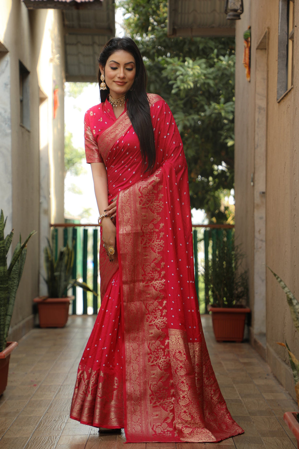 Lorenvalley Premium Pure Handmade Bandhej Kanjivaram silk saree with Zari Weaving Rich Pallu saree - Ranipink