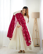 Lorenvalley White Vichitra Silk Fabric Fully Flared Anarkali Pant With Dupatta Set