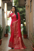 Lorenvalley Premium Pure Handmade Bandhej Kanjivaram silk saree with Zari Weaving Rich Pallu saree - Ranipink