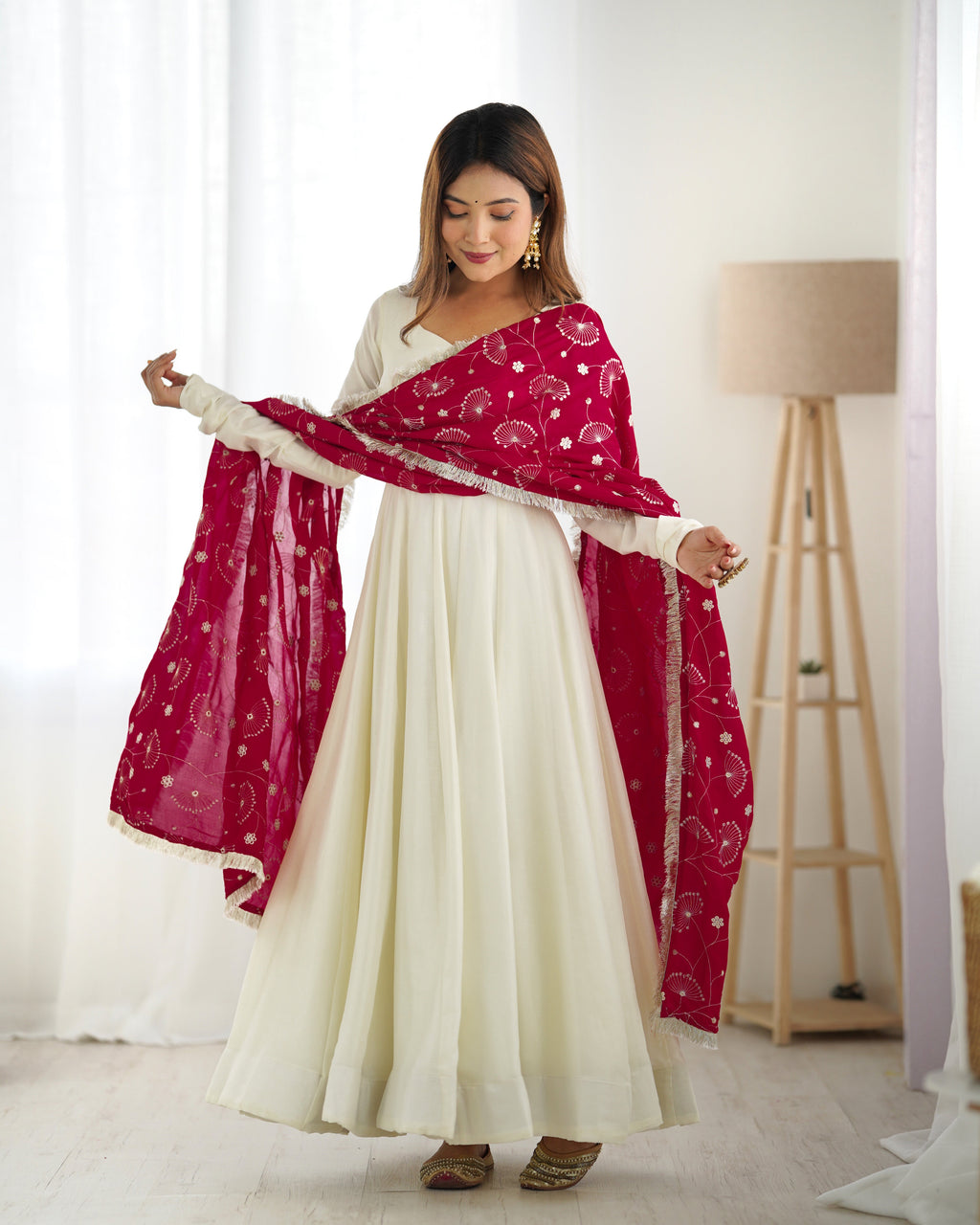 Lorenvalley White Vichitra Silk Fabric Fully Flared Anarkali Pant With Dupatta Set