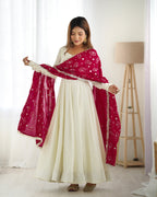 Lorenvalley White Vichitra Silk Fabric Fully Flared Anarkali Pant With Dupatta Set