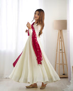 Lorenvalley White Vichitra Silk Fabric Fully Flared Anarkali Pant With Dupatta Set