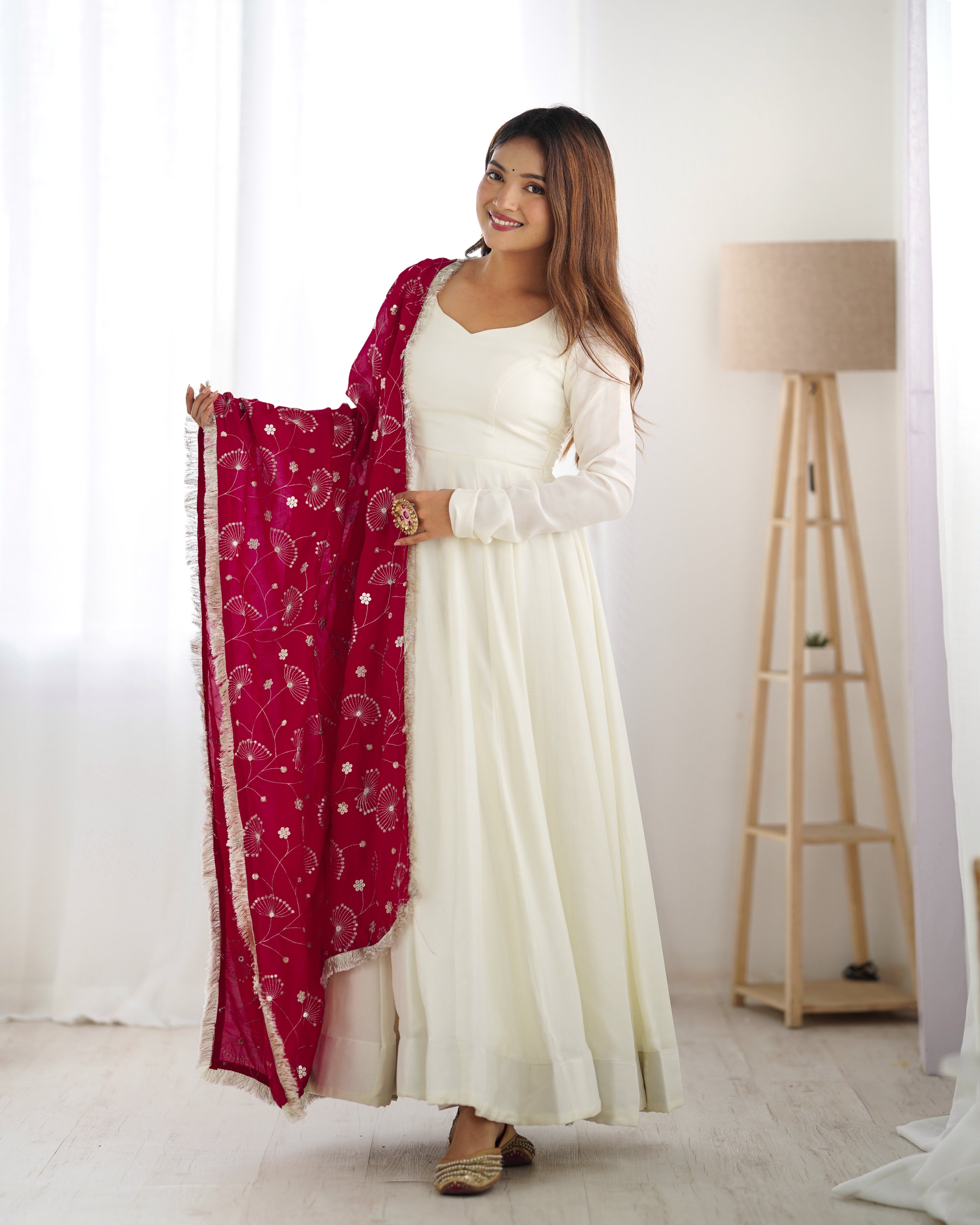 Lorenvalley White Vichitra Silk Fabric Fully Flared Anarkali Pant With Dupatta Set