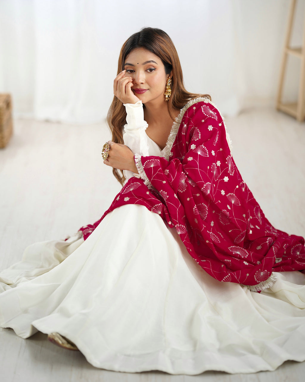 Lorenvalley White Vichitra Silk Fabric Fully Flared Anarkali Pant With Dupatta Set