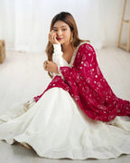 Lorenvalley White Vichitra Silk Fabric Fully Flared Anarkali Pant With Dupatta Set