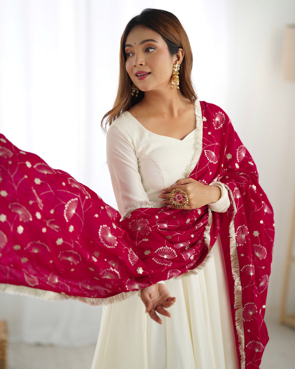 Lorenvalley White Vichitra Silk Fabric Fully Flared Anarkali Pant With Dupatta Set
