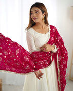 Lorenvalley White Vichitra Silk Fabric Fully Flared Anarkali Pant With Dupatta Set