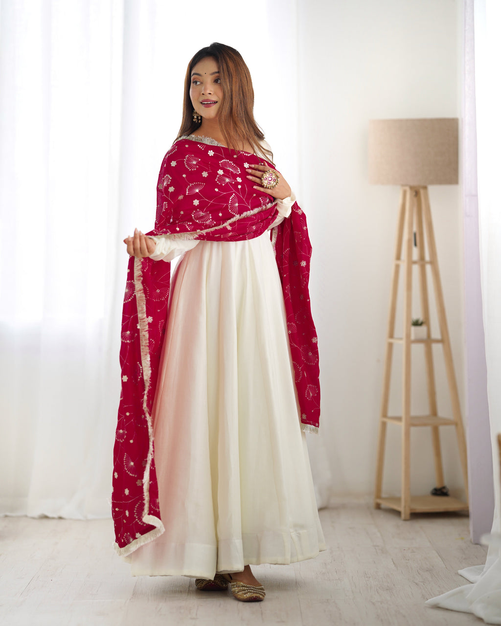 Lorenvalley White Vichitra Silk Fabric Fully Flared Anarkali Pant With Dupatta Set