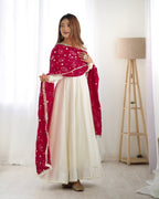 Lorenvalley White Vichitra Silk Fabric Fully Flared Anarkali Pant With Dupatta Set