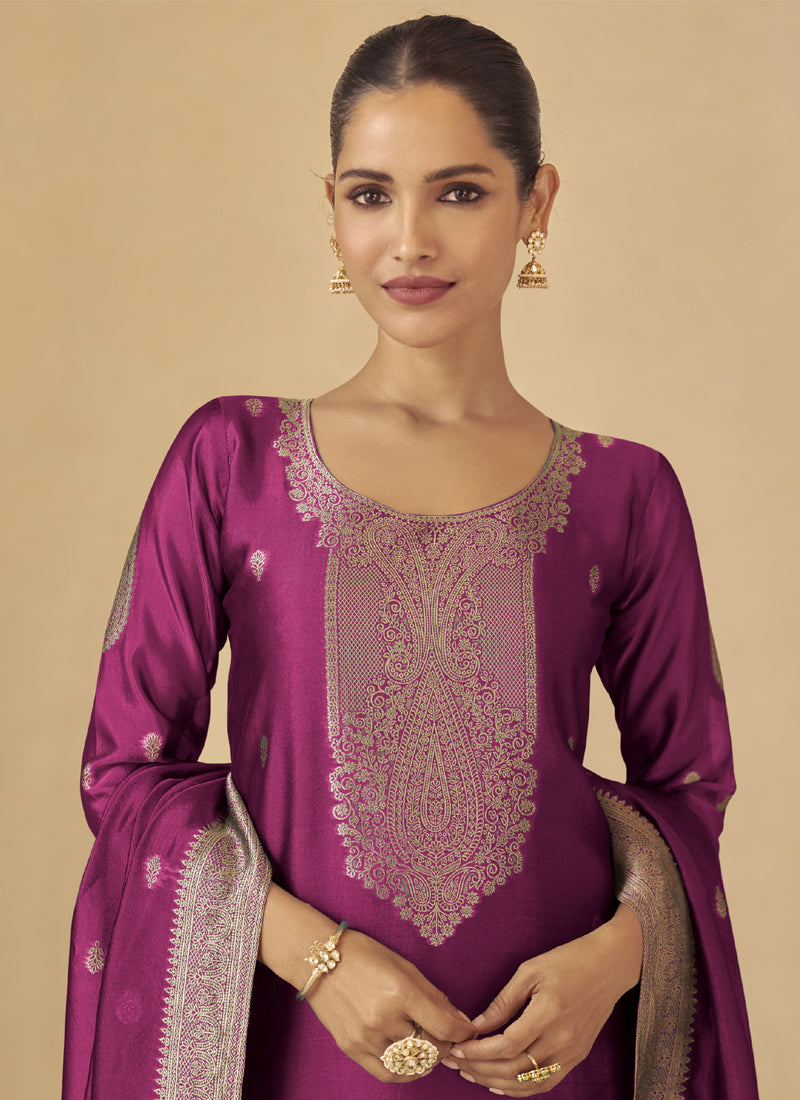 Vegaa Fashion Purple Viscose Silk Jacquard Wedding Wear Salwar Suit - Distacart