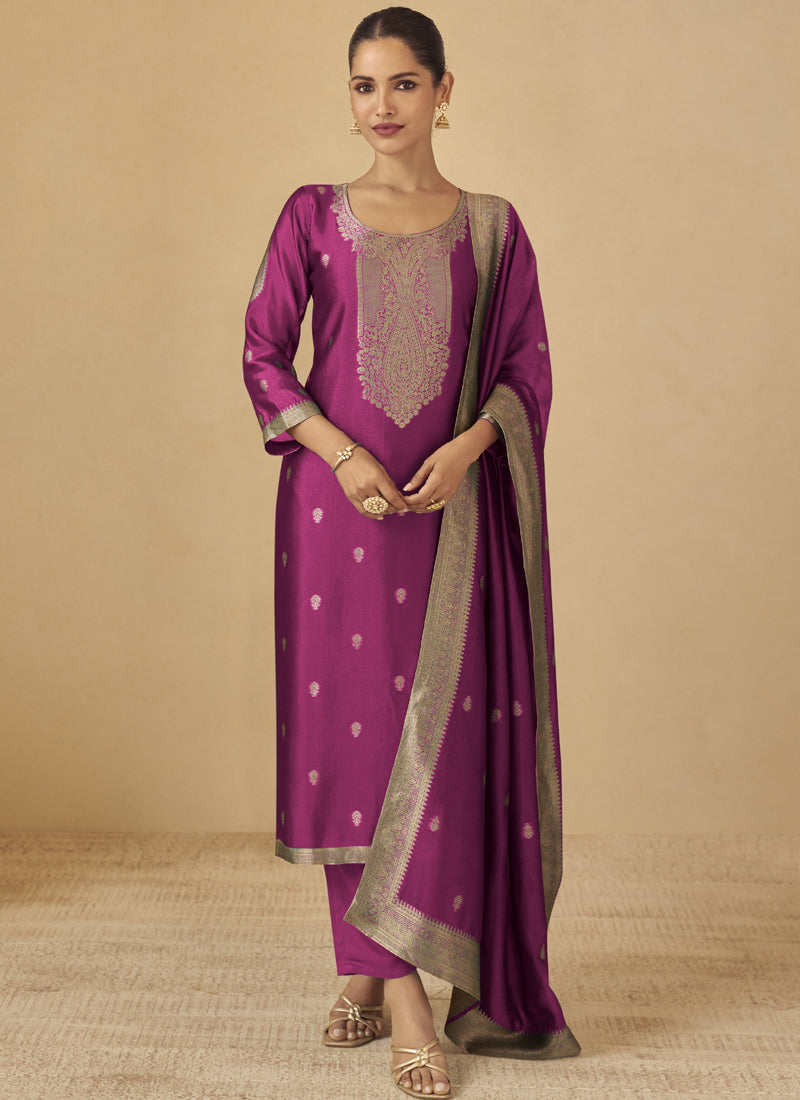 Vegaa Fashion Purple Viscose Silk Jacquard Wedding Wear Salwar Suit - Distacart