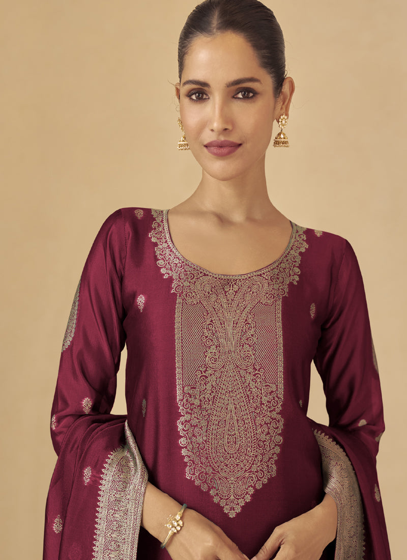 Vegaa Fashion Maroon Viscose Silk Jacquard Wedding Wear Salwar Suit - Distacart