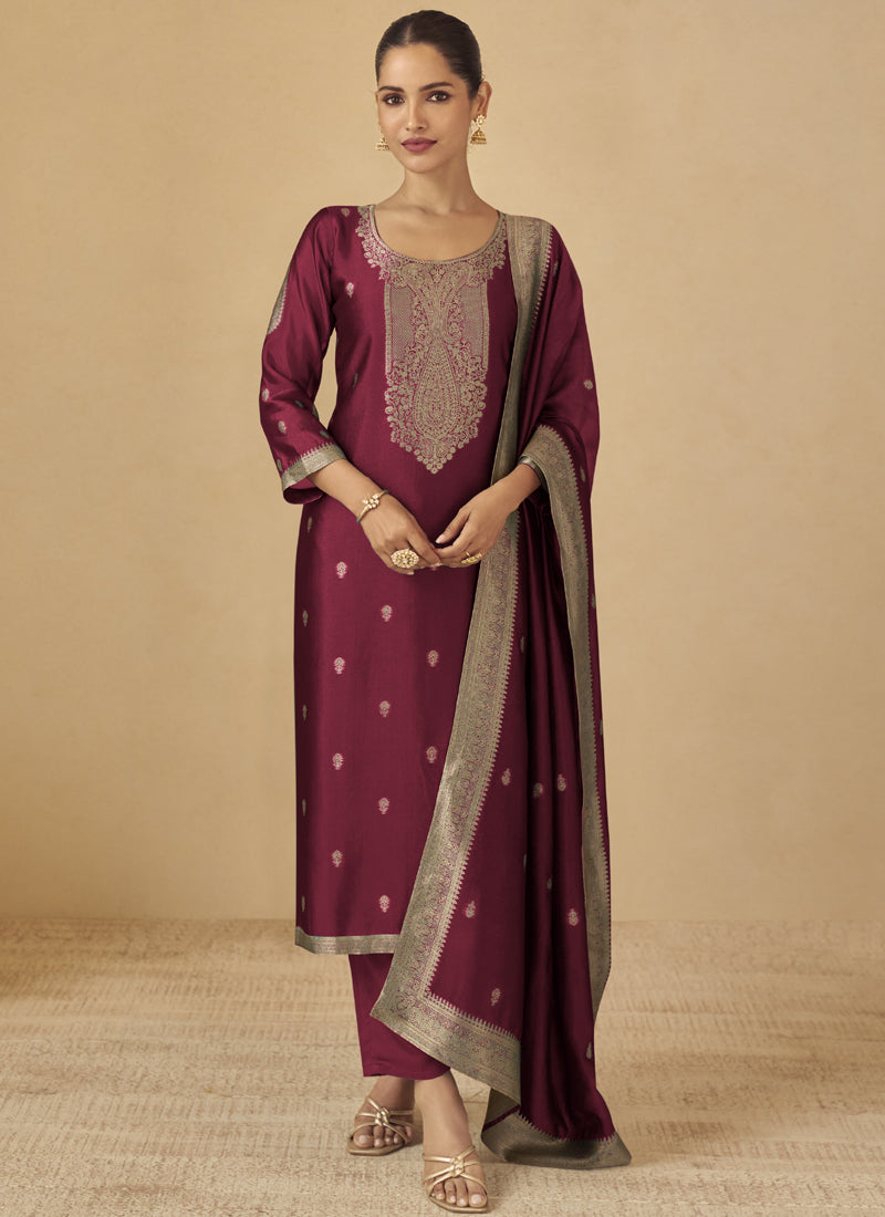 Vegaa Fashion Maroon Viscose Silk Jacquard Wedding Wear Salwar Suit - Distacart
