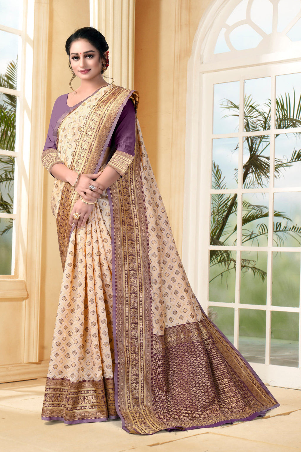 Vedant Vastram Litchi Silk Designer Banarasi Saree - Cream - Distacart