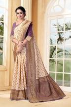 Vedant Vastram Litchi Silk Designer Banarasi Saree - Cream - Distacart