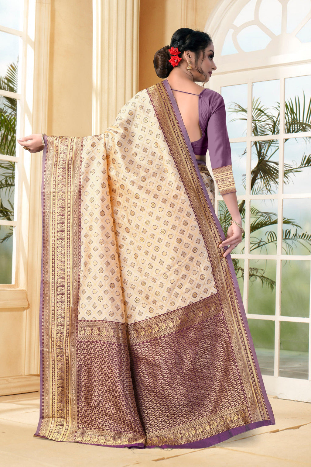 Vedant Vastram Litchi Silk Designer Banarasi Saree - Cream - Distacart