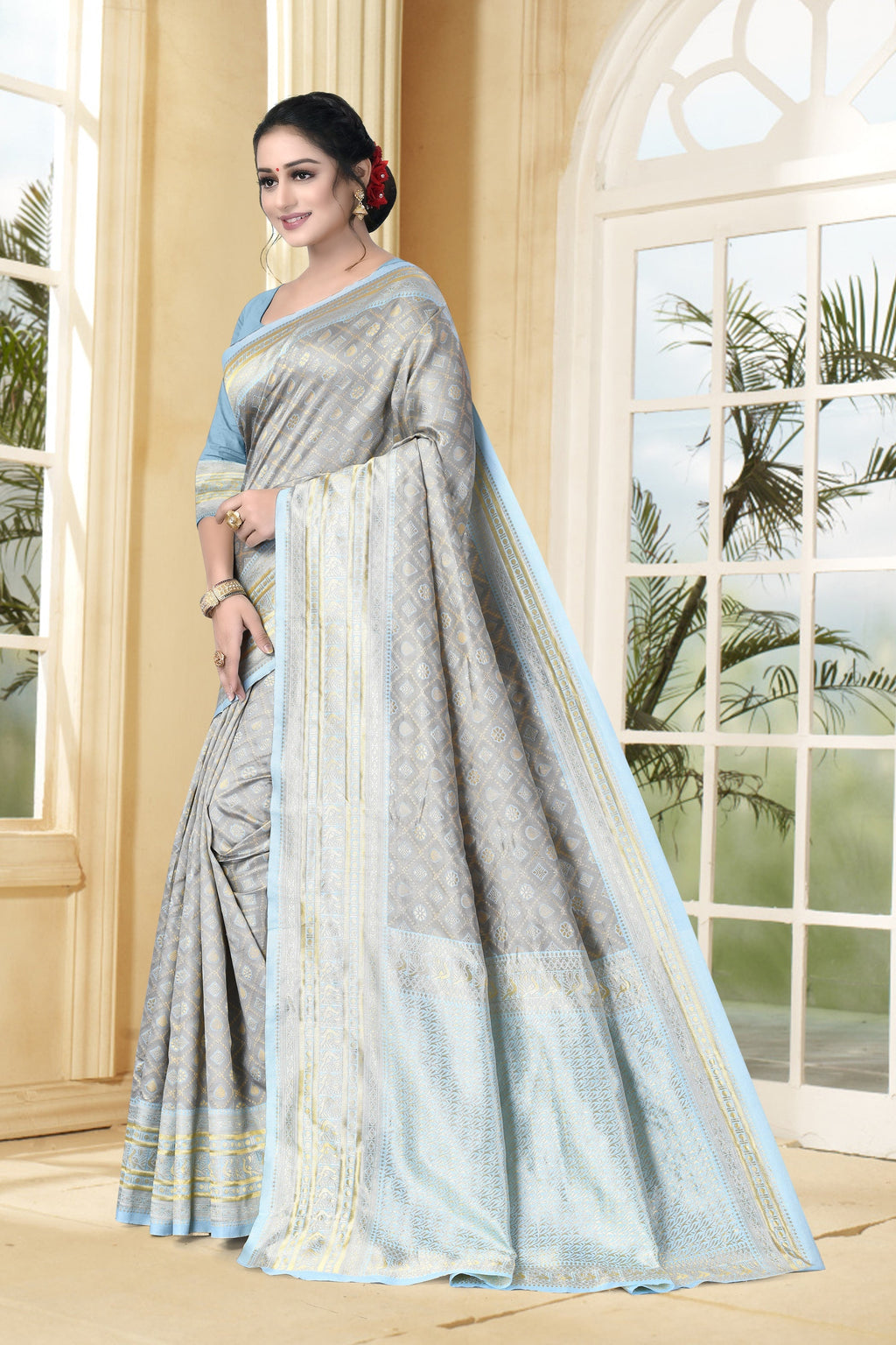 Vedant Vastram Litchi Silk Designer Banarasi Saree - Grey