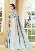 Vedant Vastram Litchi Silk Designer Banarasi Saree - Grey