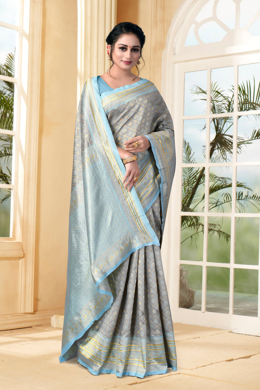 Vedant Vastram Litchi Silk Designer Banarasi Saree - Grey
