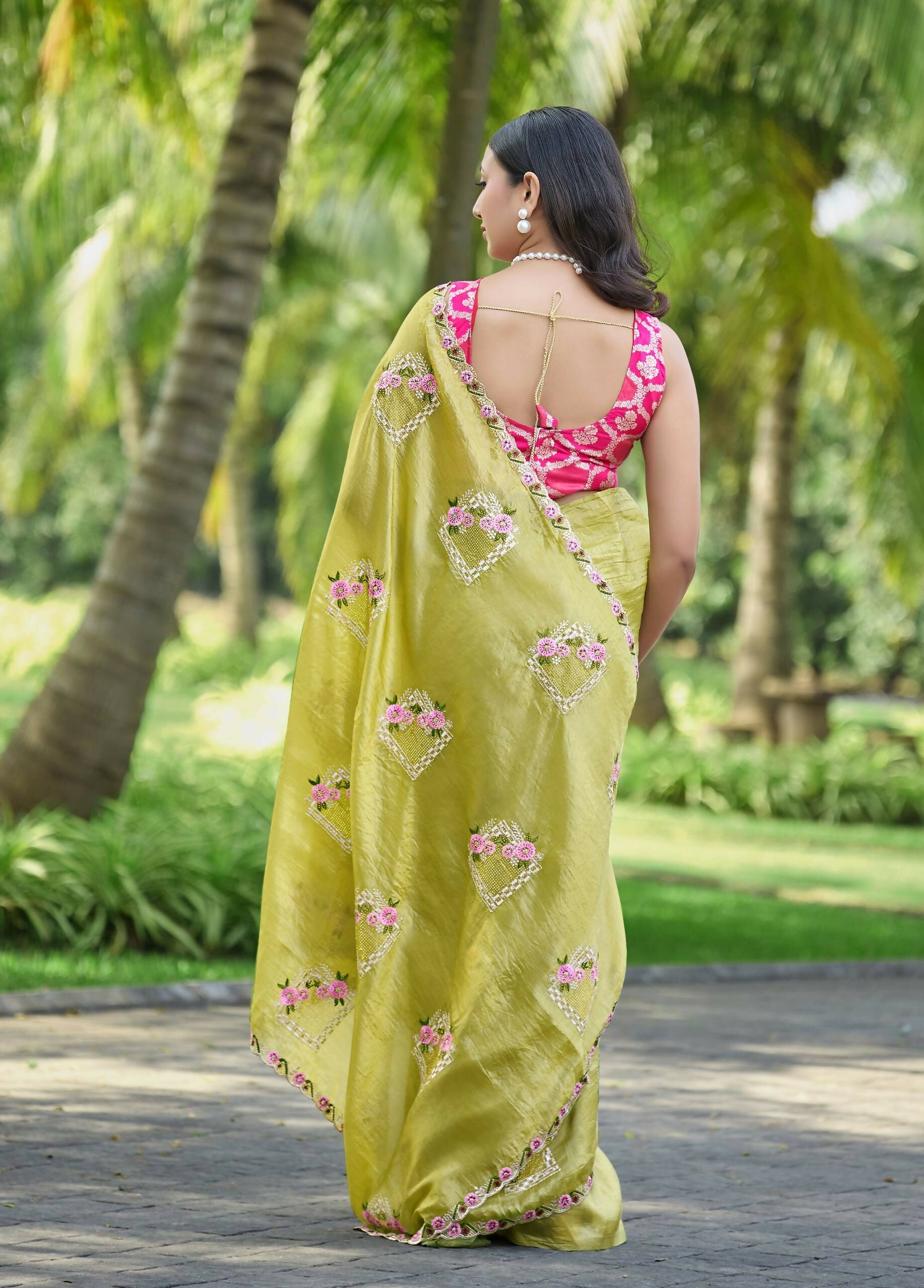 Teeya Creation Olive Color Pure Paper Silk Heavy Embroidery Work Wedding Wear Saree - Distacart
