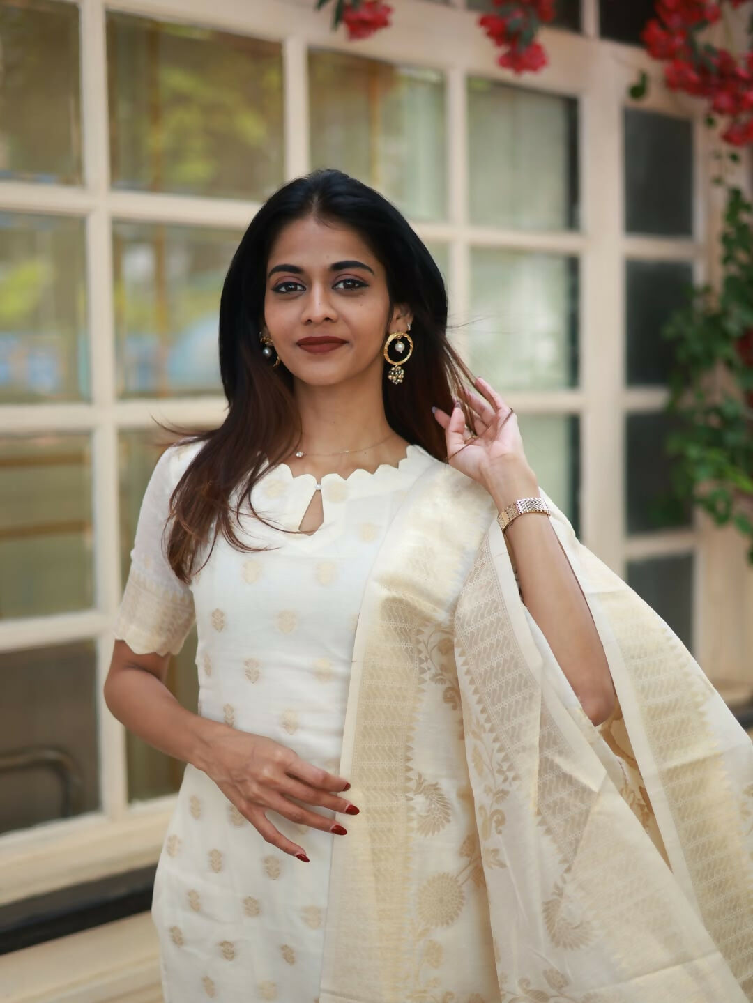 The52 White Women's Beautiful Viscose Jacquard Fabric Printed Work Straight Kurta Pant and Dupatta Set - Distacart