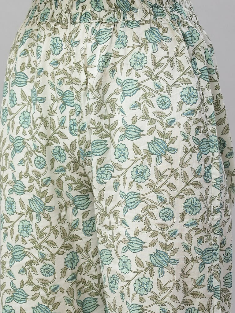Miravan Women's Floral Printed Angrakha Pure Cotton Kurta With Palazzo & Dupatta Set