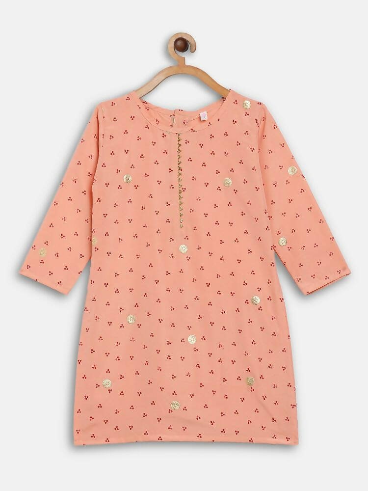 Ahalyaa Peach Crepe Gold Printed Kids Kurta Sets With Dupatta For Girls