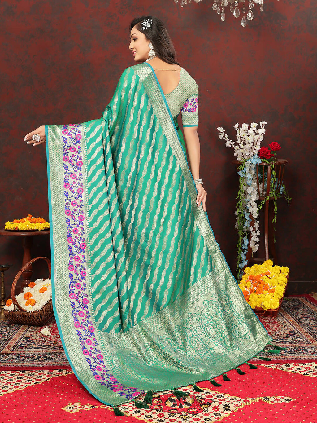 Lorenvalley Fashion Teal Soft Silk Woven Design with Zari Weaving Leheriya Design Saree