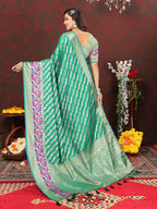 Lorenvalley Fashion Teal Soft Silk Woven Design with Zari Weaving Leheriya Design Saree