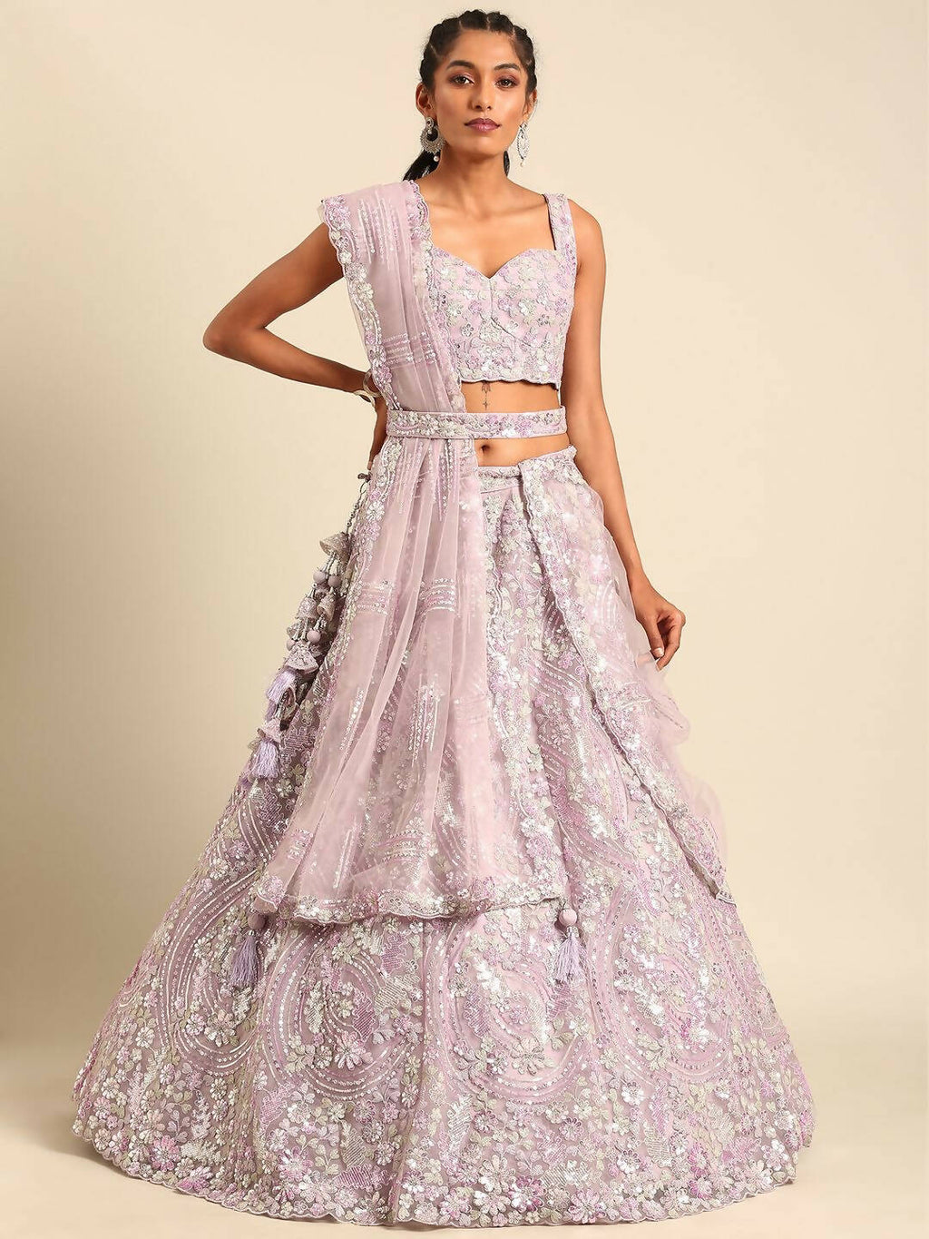 House of Panchhi Lavender Net Sequins and Zarkan embroidery Lehenga choli & Dupatta