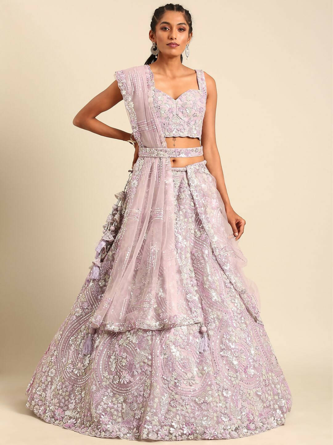 House of Panchhi Lavender Net Sequins and Zarkan embroidery Lehenga choli & Dupatta