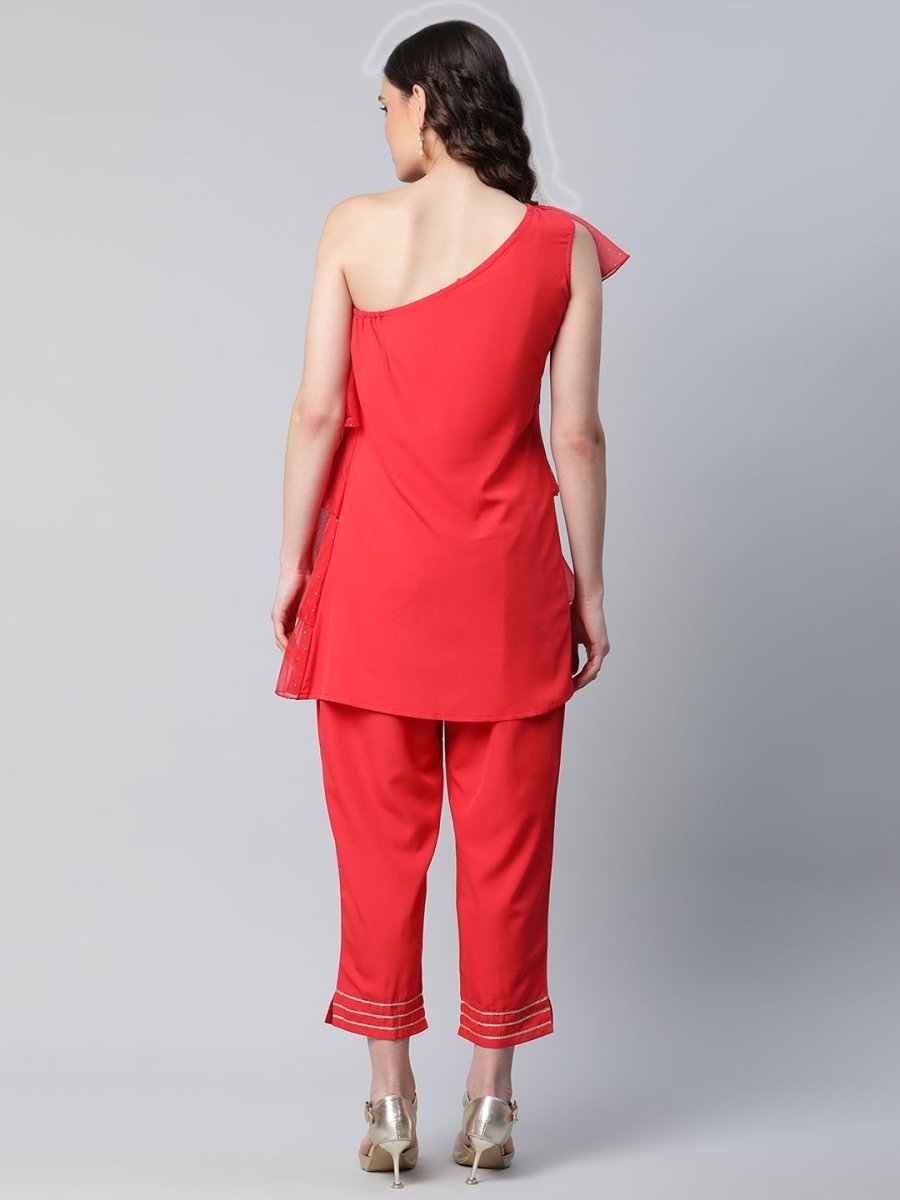 Ahalyaa Women Red Printed Layered Top with Trousers - Distacart