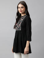 Black Rayon Yoke Embroidered A-line Top - Tarini