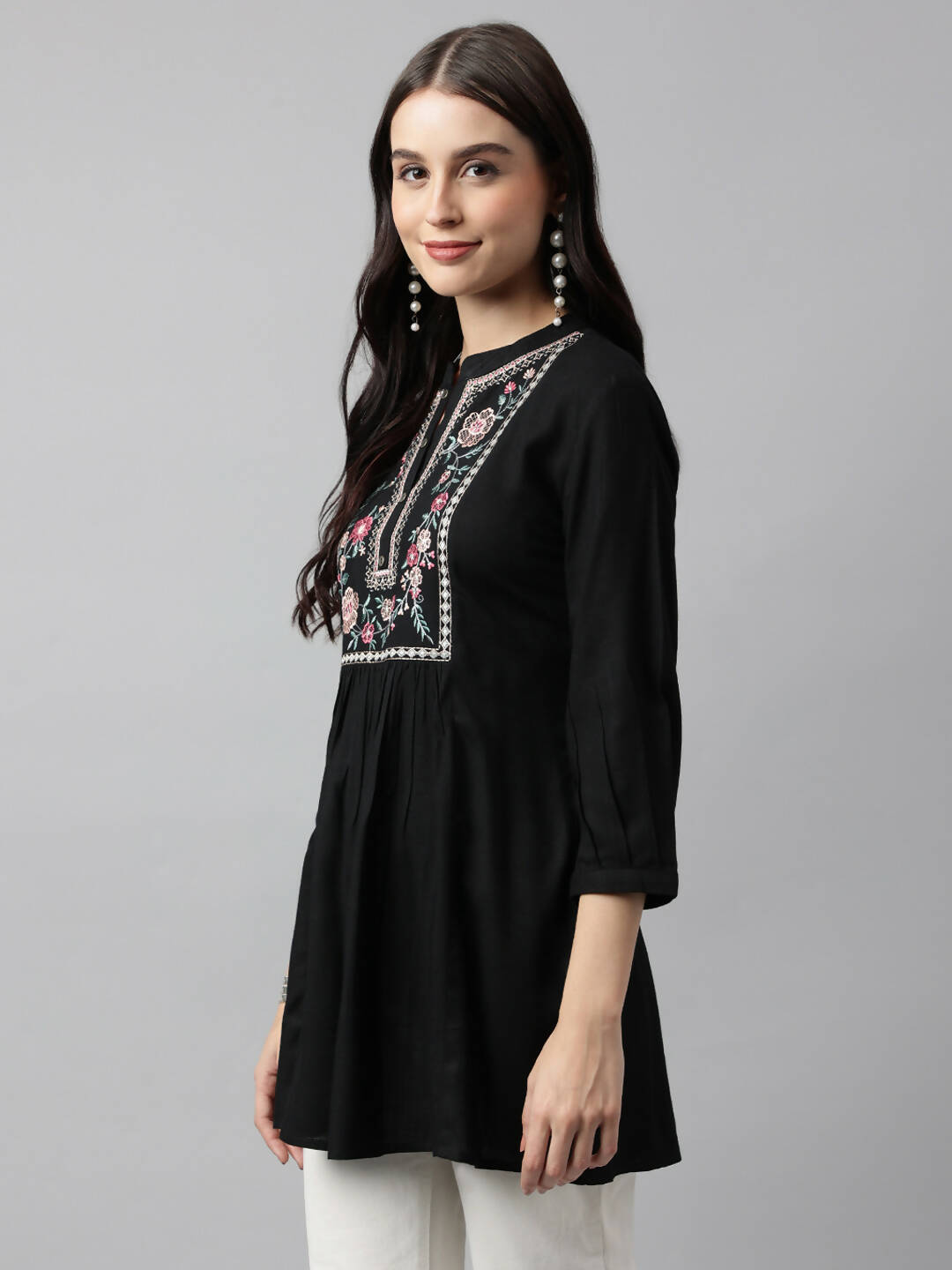 Black Rayon Yoke Embroidered A-line Top - Tarini
