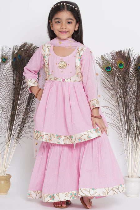 Little Bansi Floral Embroidery Jacket With Cotton Kantha Frock Sharara And Dupatta With Ghungroo Handwork - Pink