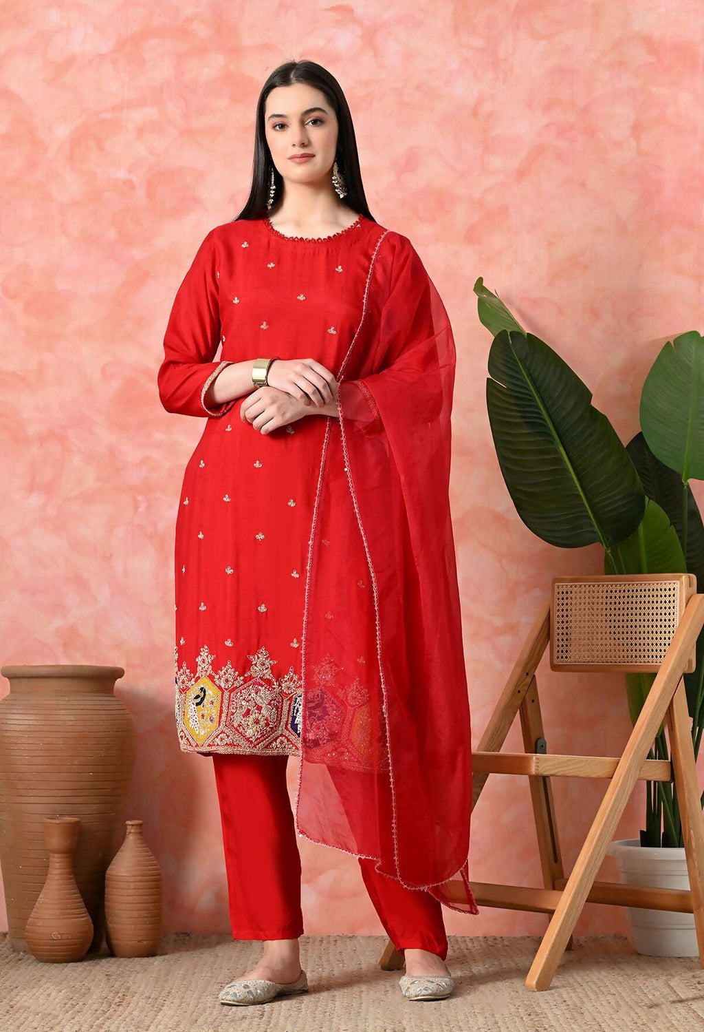 Joban Fashion Red Premium Pure Viscose Print Dola With Handwork Kurta Set