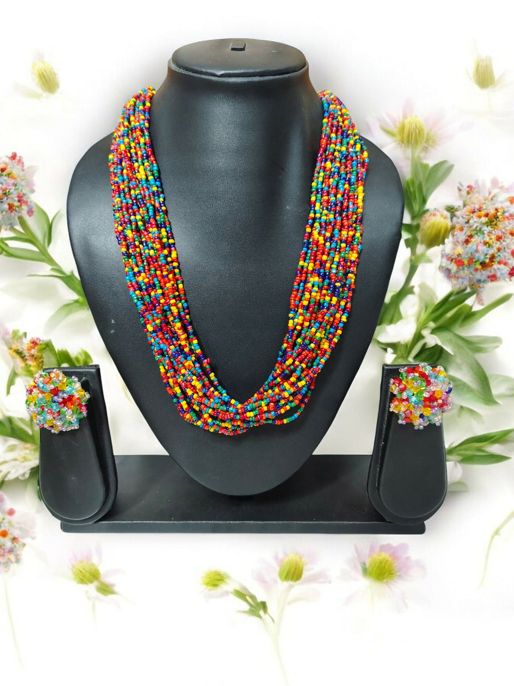 Inhanns Vibrant Handmade 20 Layers Beaded Necklace With Matching Earrings - Multi Colour