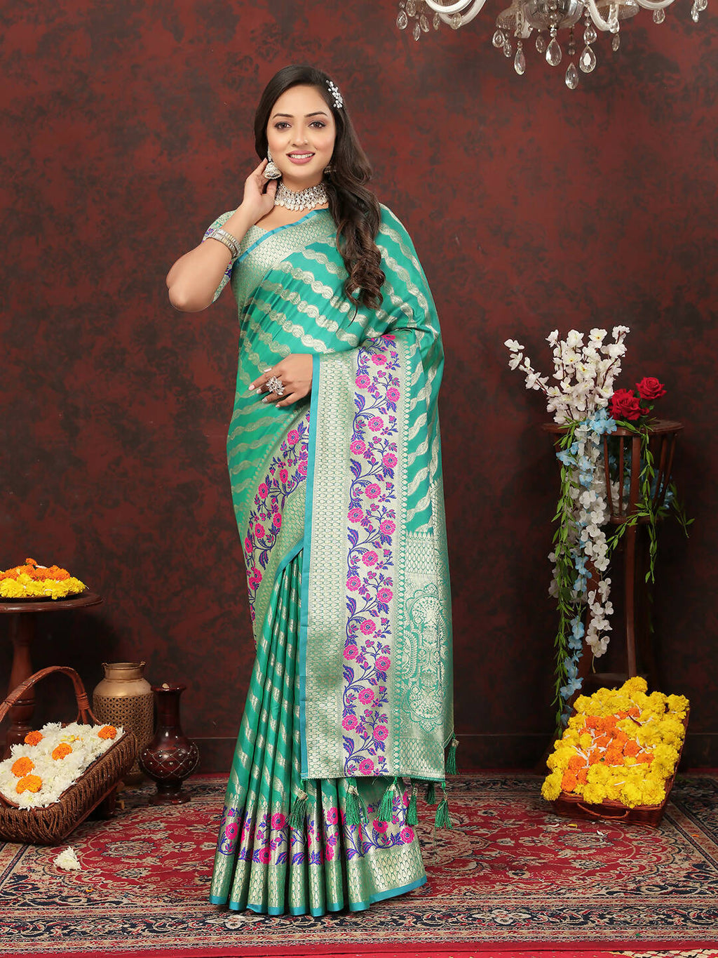 Lorenvalley Fashion Teal Soft Silk Woven Design with Zari Weaving Leheriya Design Saree