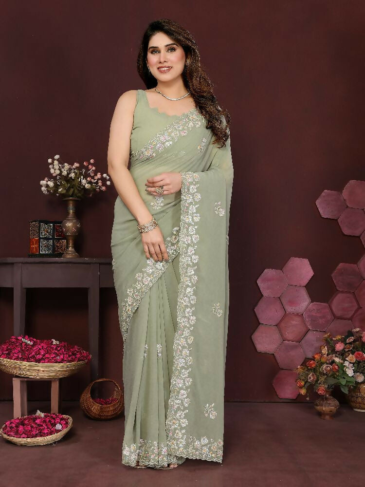 PR Fashion Pista Georgette Embroidery Work With Embroidery Work Blouse Saree