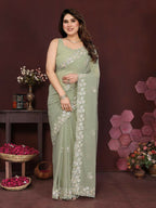 PR Fashion Pista Georgette Embroidery Work With Embroidery Work Blouse Saree