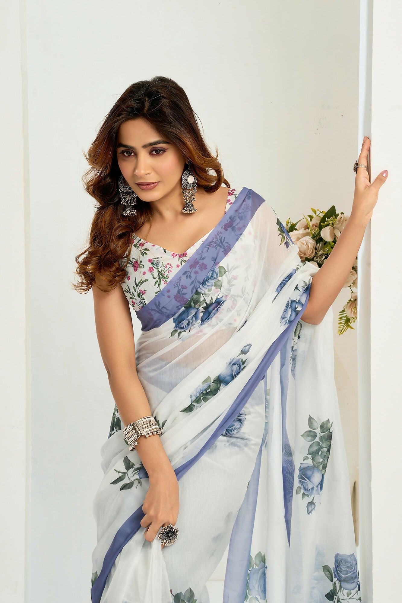 Vastranavya Blue Digital Printed Linen Ready To Wear Designer Saree with Unstitched Blouse - Distacart