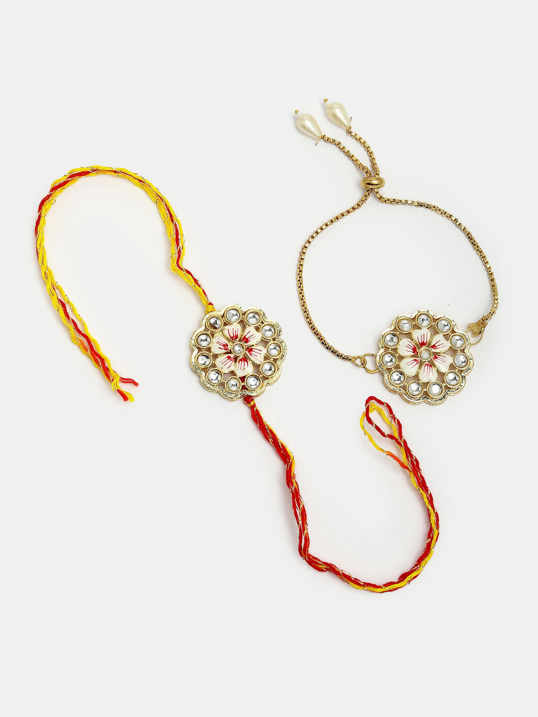 NVR Women & Men Set of 2 Gold Kundan-Studded Bhaiya Bhabhi Rakhi Set With Roli Chawal - Distacart