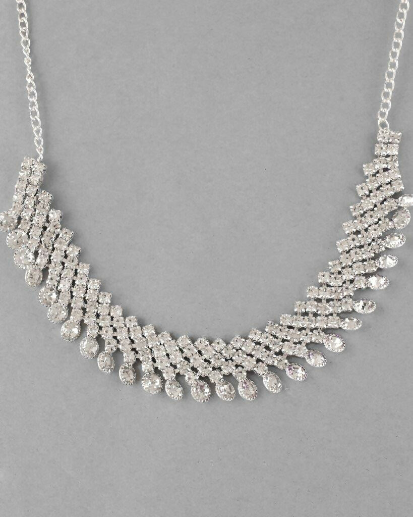 VOJ Silver Plated AD Stone Studded Necklace With Earrings Jewellery Set