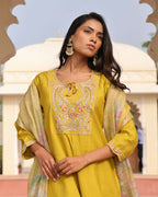 Jyoti Fashion Women's Yellow Cotton Silk Hand Work with Floral Printed Kurta Set