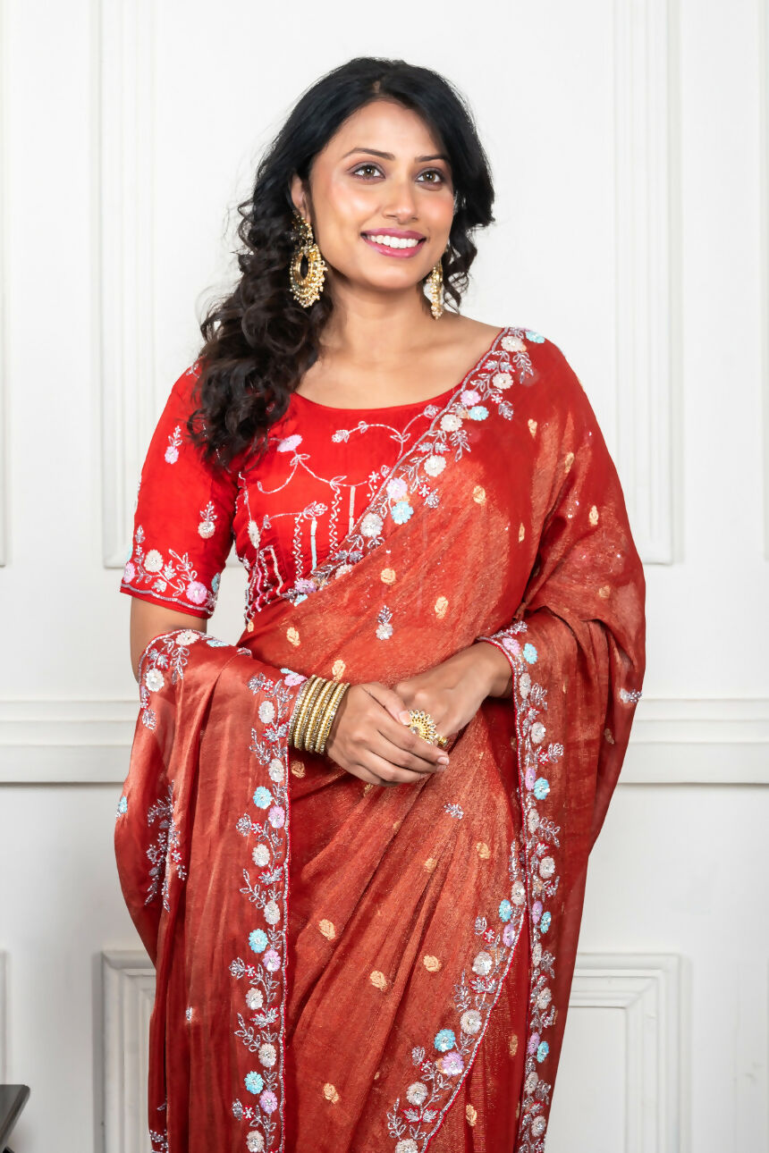 Morchari Rust Red Pure Chiffon Hand Embroidery Saree And Stitched Blouse - Distacart