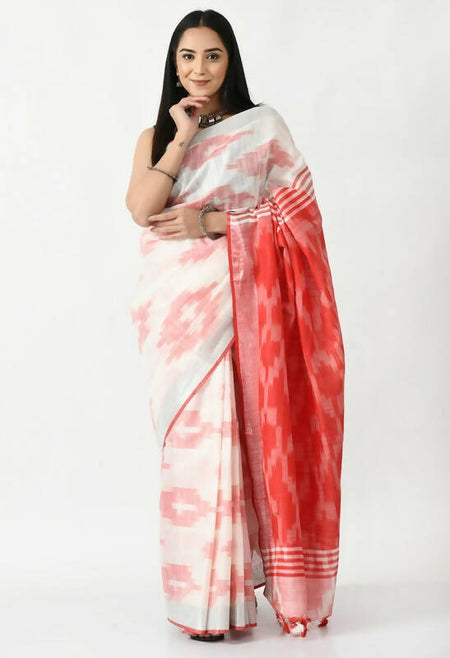 Mominos Fashion Moeza White & Red Bhagalpuri Handloom Ikat Pure Cotton Saree with unstitched Blouse piece